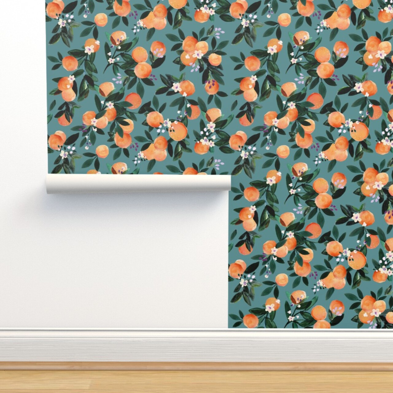 Citrus Flowers Teal Orange Watercolor Mandarin Oranges Custom Pre-pasted Wallpaper by Spoonflower Pre-Pasted Wallpaper 2FT Wide